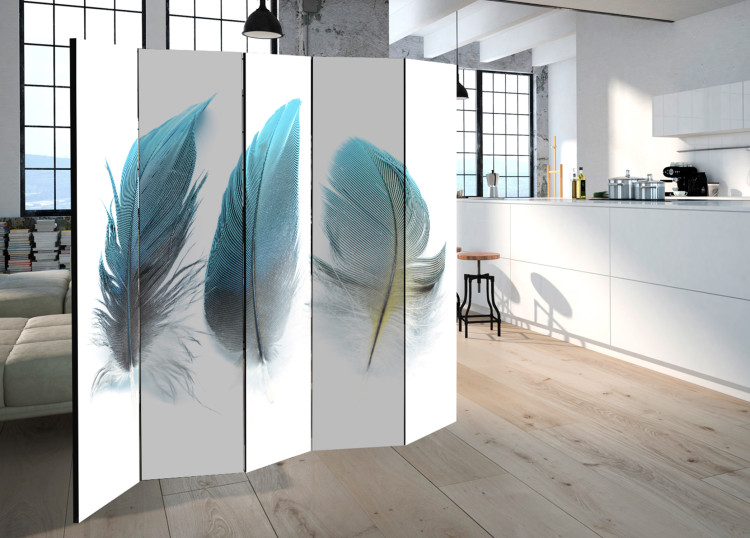 Room Separator Blue Feathers II - romantic blue feathers on light beige background 97966 additionalImage 2