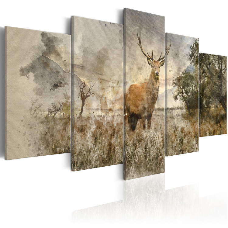 Canvas Art Print Deer in Nature (5-piece) - Landscape with Animal Motif 105776 additionalImage 2