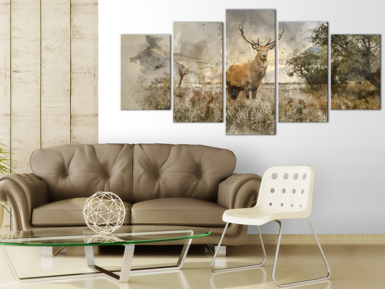 Canvas Art Print Deer in Nature (5-piece) - Landscape with Animal Motif 105776 additionalImage 3