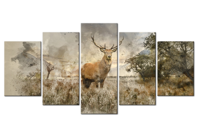 Canvas Art Print Deer in Nature (5-piece) - Landscape with Animal Motif 105776