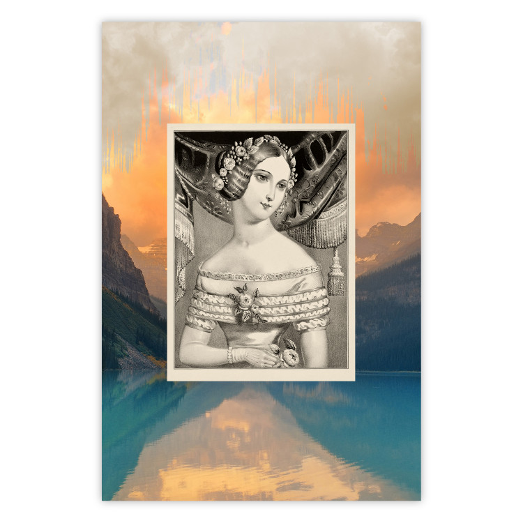 Wall Poster Retro Portrait - black and white illustration of a woman against a mountain range backdrop 116676