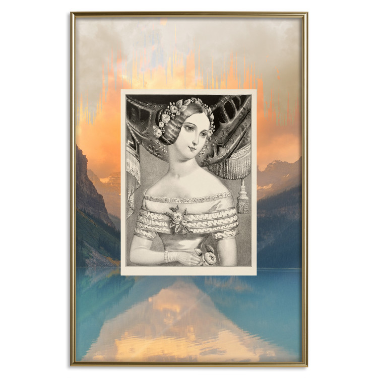 Wall Poster Retro Portrait - black and white illustration of a woman against a mountain range backdrop 116676 additionalImage 20