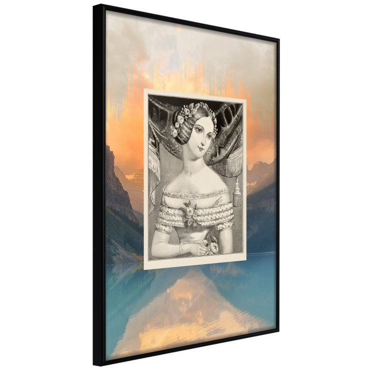 Wall Poster Retro Portrait - black and white illustration of a woman against a mountain range backdrop 116676 additionalImage 10
