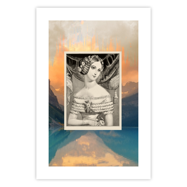 Wall Poster Retro Portrait - black and white illustration of a woman against a mountain range backdrop 116676 additionalImage 25