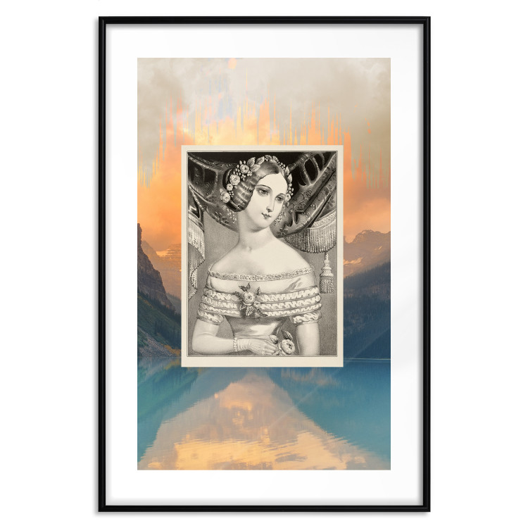 Wall Poster Retro Portrait - black and white illustration of a woman against a mountain range backdrop 116676 additionalImage 15