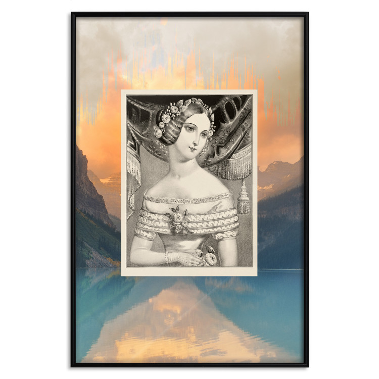 Wall Poster Retro Portrait - black and white illustration of a woman against a mountain range backdrop 116676 additionalImage 24