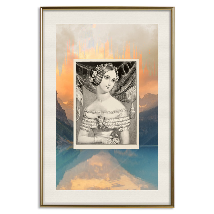 Wall Poster Retro Portrait - black and white illustration of a woman against a mountain range backdrop 116676 additionalImage 19