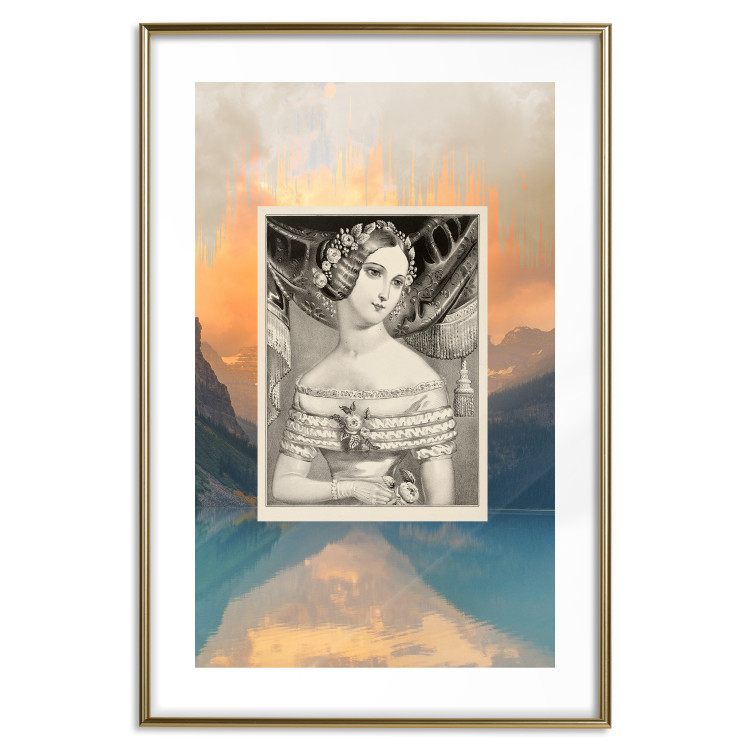Wall Poster Retro Portrait - black and white illustration of a woman against a mountain range backdrop 116676 additionalImage 14