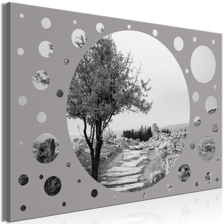 Canvas Print Round view of the world - a road with trees in shades of gray 117476 additionalImage 2