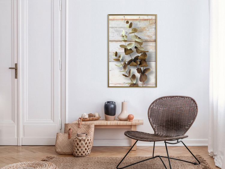 Wall Poster January Dawn - plant with brown leaves on a background of wooden planks 125276 additionalImage 7
