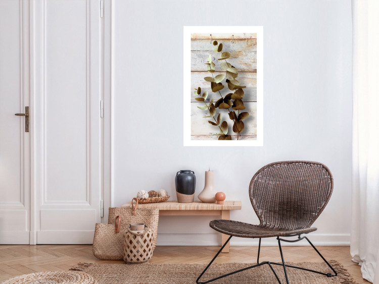 Wall Poster January Dawn - plant with brown leaves on a background of wooden planks 125276 additionalImage 2
