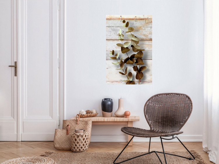 Wall Poster January Dawn - plant with brown leaves on a background of wooden planks 125276 additionalImage 23