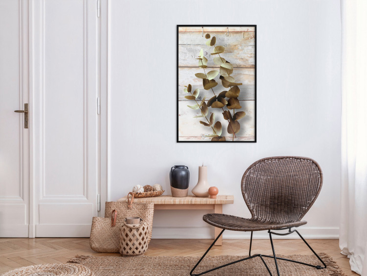 Wall Poster January Dawn - plant with brown leaves on a background of wooden planks 125276 additionalImage 3