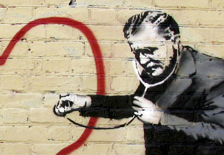 Canvas Print Peaceful Doctor (Banksy) - street art of a man on a brick wall 132476 additionalImage 4