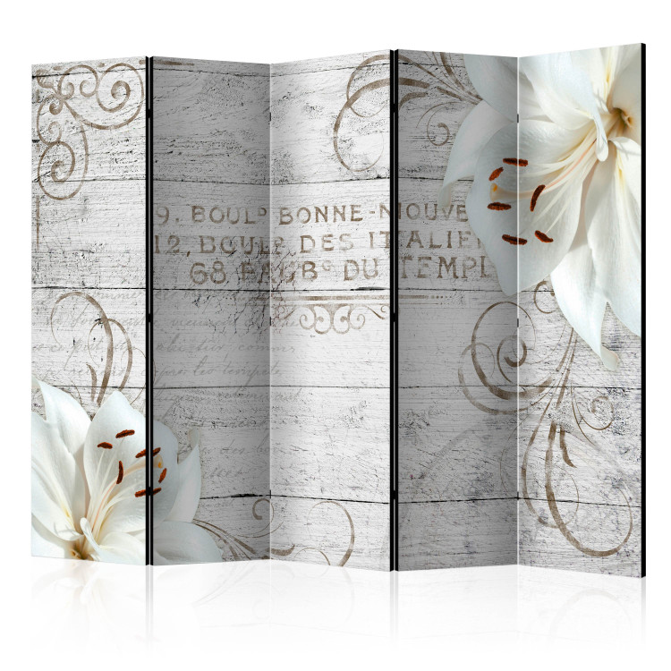 Room Divider Screen Bonne Nouvelle II (5-piece) - collage on wood in flowers and writings 132776