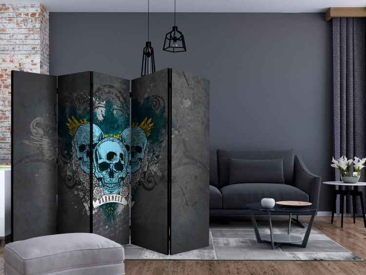Room Divider Screen Darkness II (5-piece) - blue skulls and English writings 133276 additionalImage 4