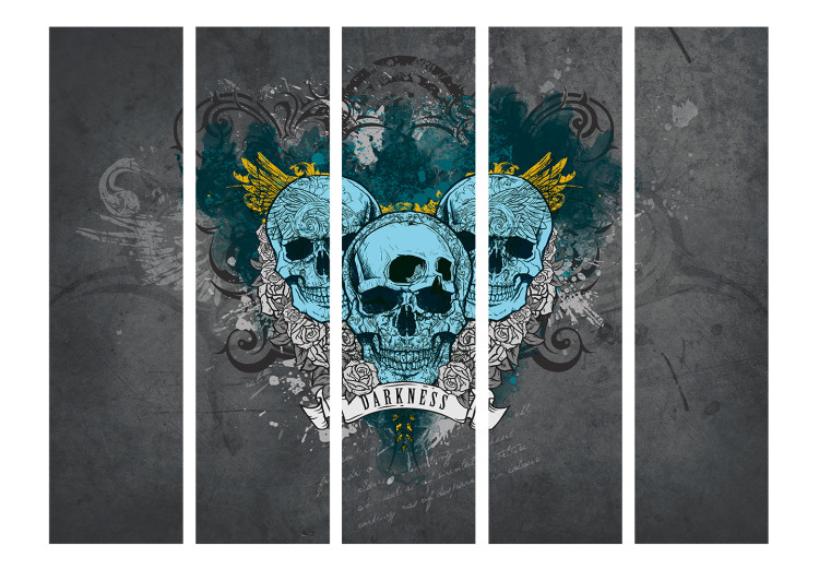 Room Divider Screen Darkness II (5-piece) - blue skulls and English writings 133276 additionalImage 3