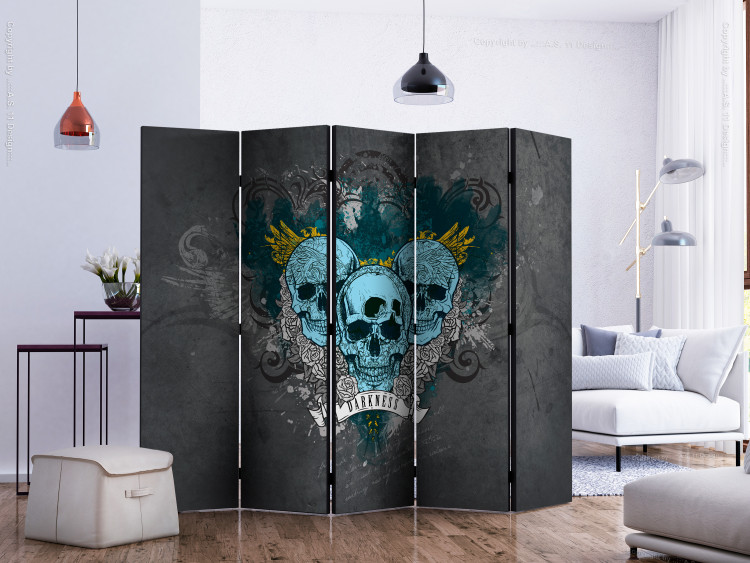 Room Divider Screen Darkness II (5-piece) - blue skulls and English writings 133276 additionalImage 2
