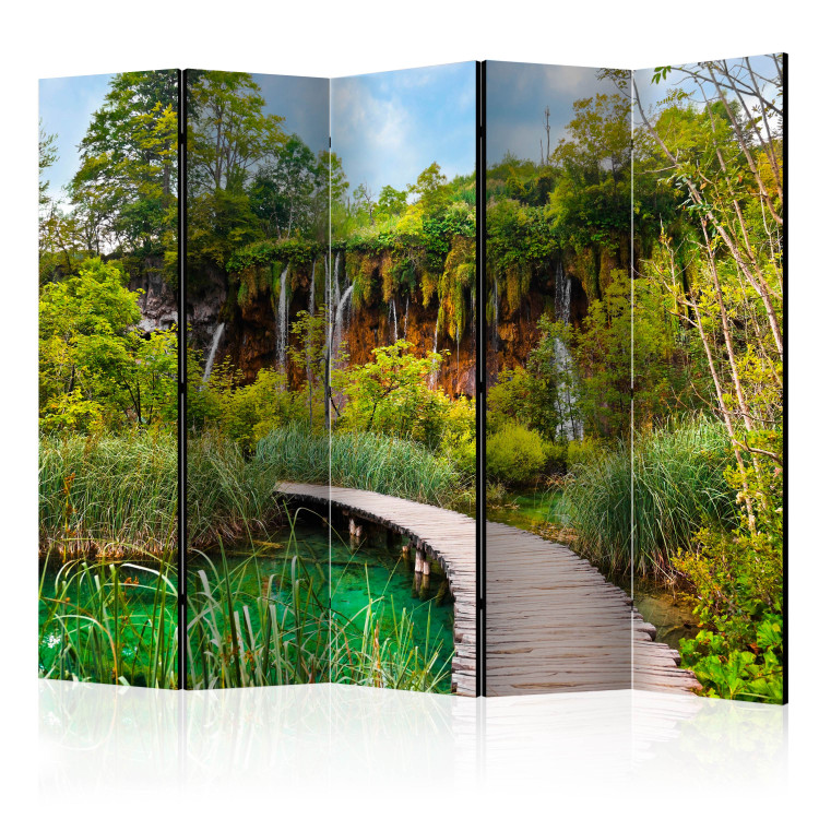 Room Separator Green Oasis II - landscape of a wooden bridge amidst a forest 134076