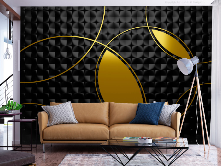 Photo Wallpaper Abstract - gold hoops on black background with 3D geometric patterns 135776