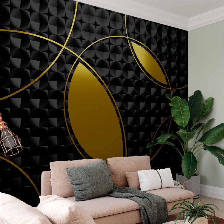 Photo Wallpaper Abstract - gold hoops on black background with 3D geometric patterns 135776