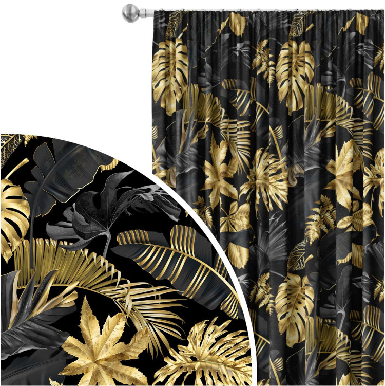 Decorative Curtain Gold and black monstera - tropical leaves in glamour style 147676