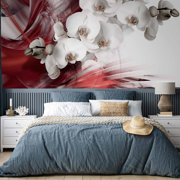 Photo Wallpaper Abstract with Flowers - Black and white orchid on a burgundy pattern background 61876 additionalImage 2
