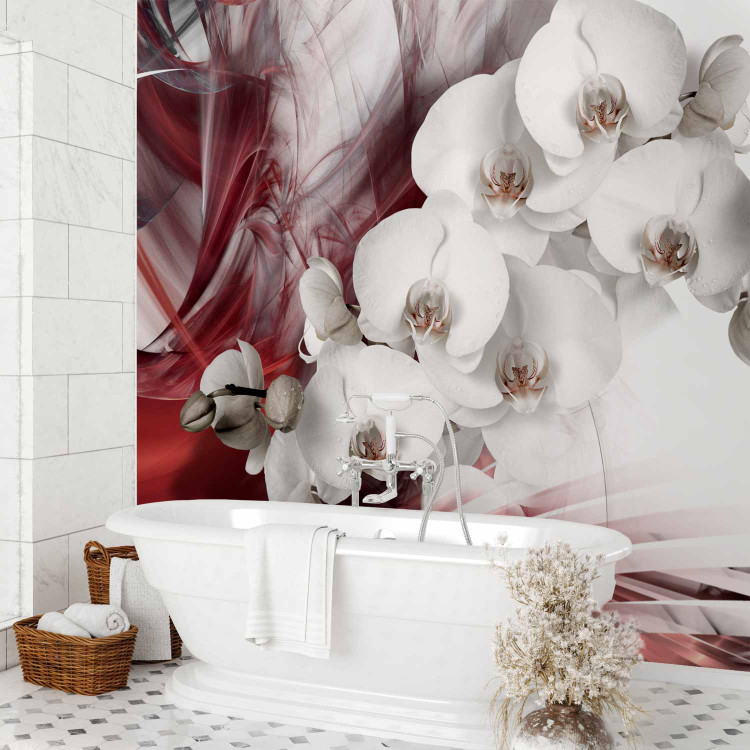 Photo Wallpaper Abstract with Flowers - Black and white orchid on a burgundy pattern background 61876 additionalImage 8