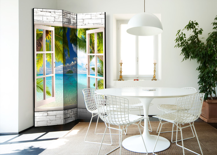 Room Divider Island of Dreams - window with a stone texture overlooking palm trees and the sea 95976 additionalImage 2