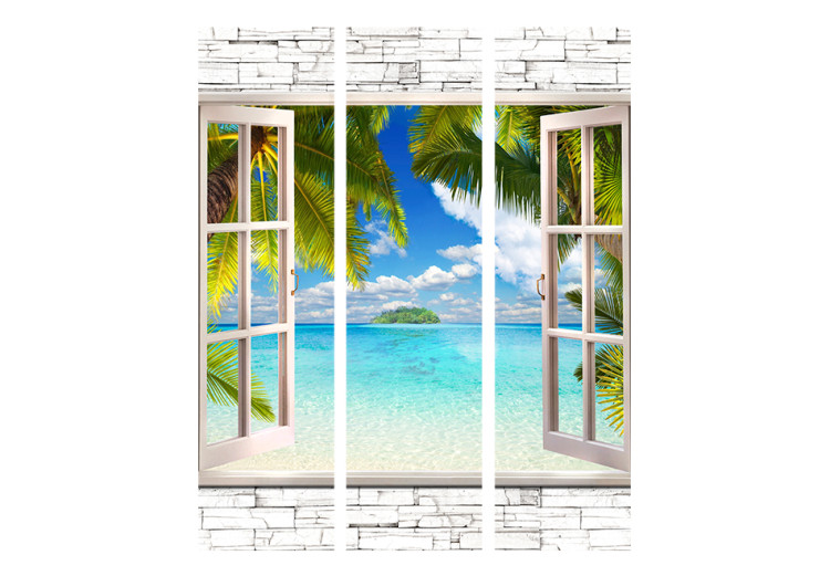 Room Divider Island of Dreams - window with a stone texture overlooking palm trees and the sea 95976 additionalImage 3