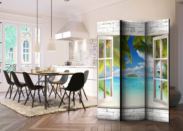 Room Divider Island of Dreams - window with a stone texture overlooking palm trees and the sea 95976 additionalImage 4