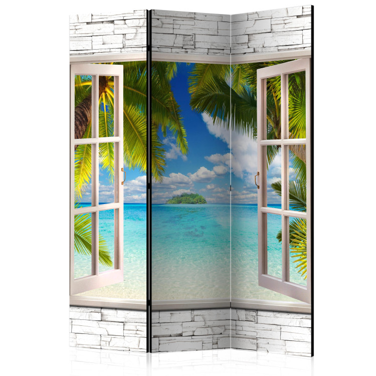 Room Divider Island of Dreams - window with a stone texture overlooking palm trees and the sea 95976