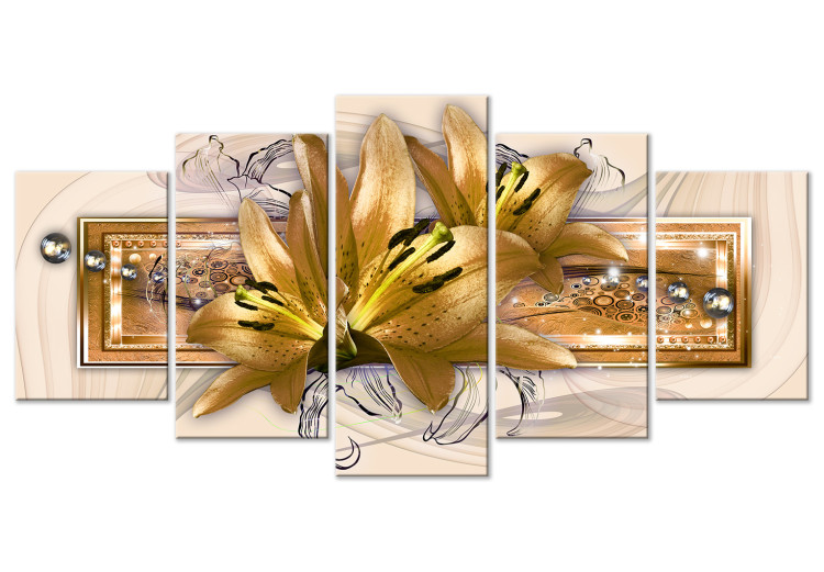 Canvas Print Lilies in the Garden (5 Parts) Wide Golden 118686