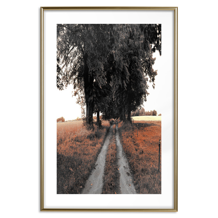 Wall Poster Road to the Forest - landscape of road and trees against orange meadow 124386 additionalImage 14