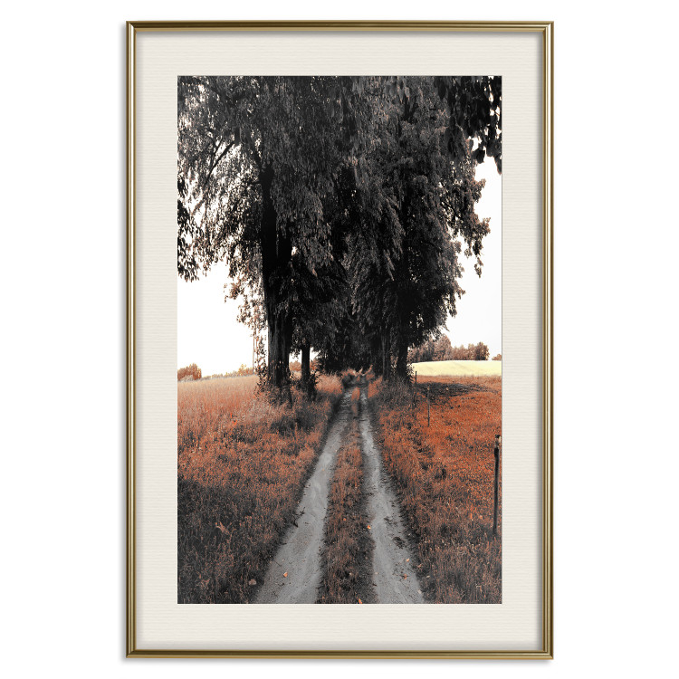 Wall Poster Road to the Forest - landscape of road and trees against orange meadow 124386 additionalImage 19