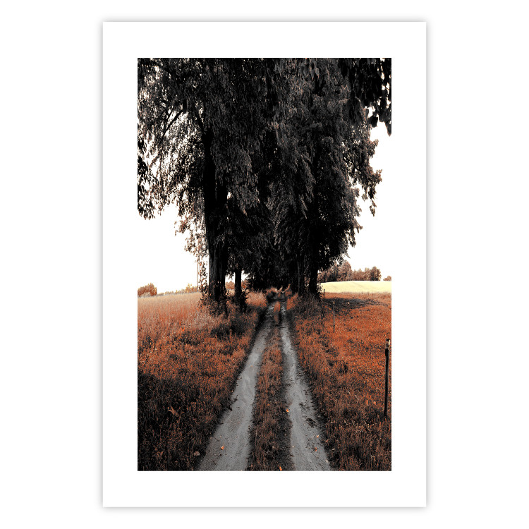 Wall Poster Road to the Forest - landscape of road and trees against orange meadow 124386 additionalImage 19