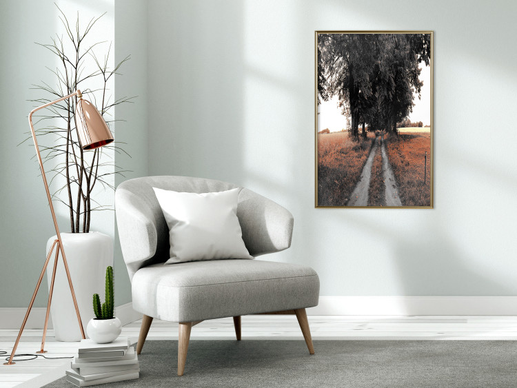 Wall Poster Road to the Forest - landscape of road and trees against orange meadow 124386 additionalImage 7