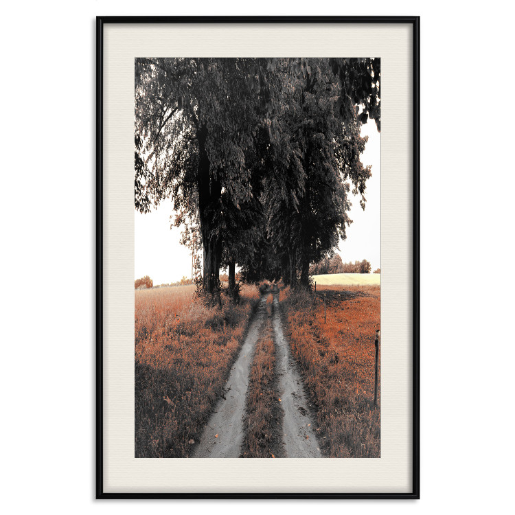 Wall Poster Road to the Forest - landscape of road and trees against orange meadow 124386 additionalImage 18