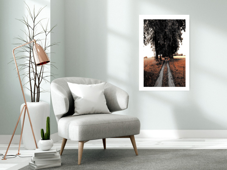 Wall Poster Road to the Forest - landscape of road and trees against orange meadow 124386 additionalImage 4