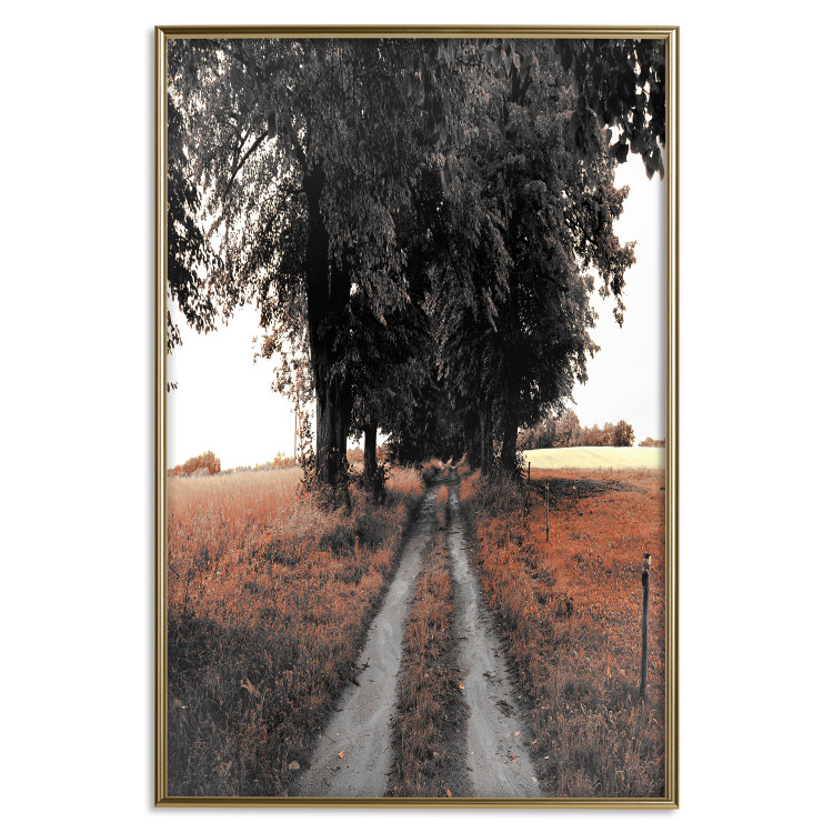 Wall Poster Road to the Forest - landscape of road and trees against orange meadow 124386 additionalImage 16