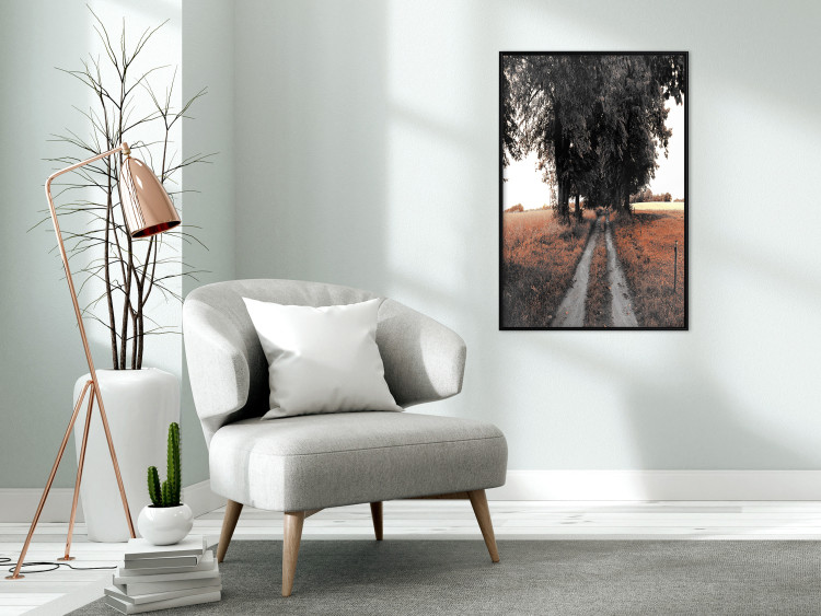 Wall Poster Road to the Forest - landscape of road and trees against orange meadow 124386 additionalImage 5