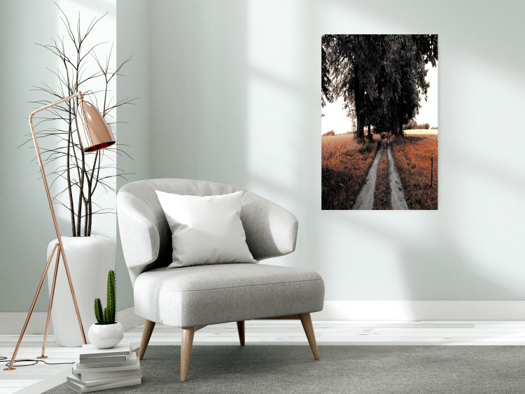 Wall Poster Road to the Forest - landscape of road and trees against orange meadow 124386 additionalImage 23