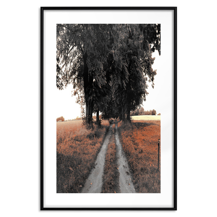 Wall Poster Road to the Forest - landscape of road and trees against orange meadow 124386 additionalImage 17