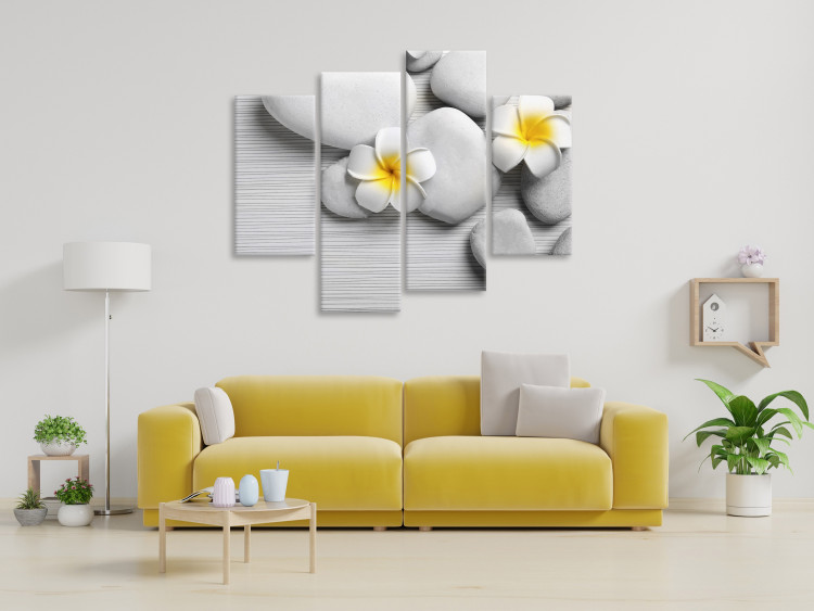 Canvas Art Print White stones and flowers - a four-part Zen-style composition 128786 additionalImage 3