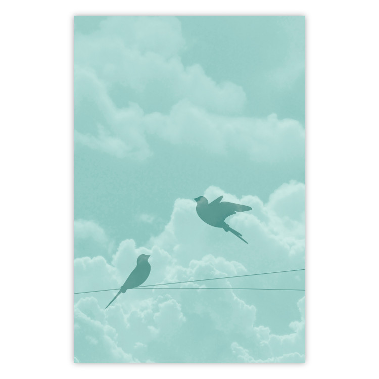 Wall Poster Flight Shadow - abstract dark birds against pastel sky and clouds 129586