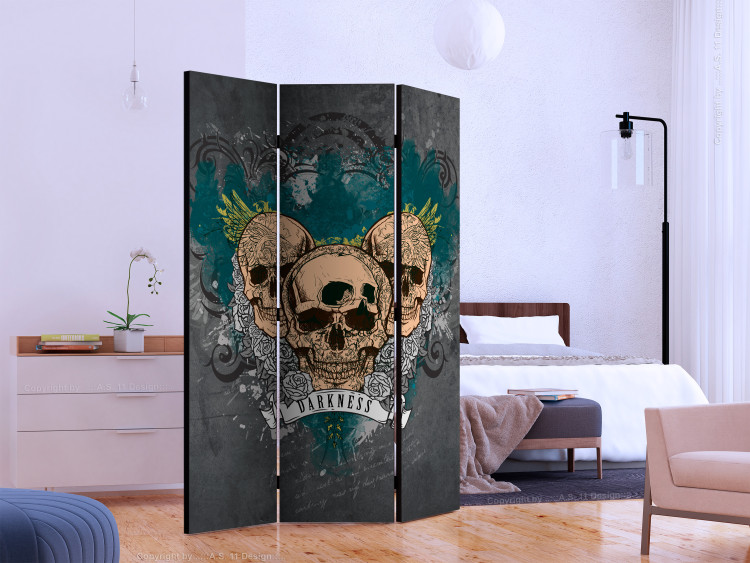 Room Divider Darkness II (3-piece) - skulls and white flowers on gray background 133286 additionalImage 2