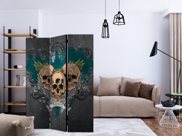 Room Divider Darkness II (3-piece) - skulls and white flowers on gray background 133286 additionalImage 4