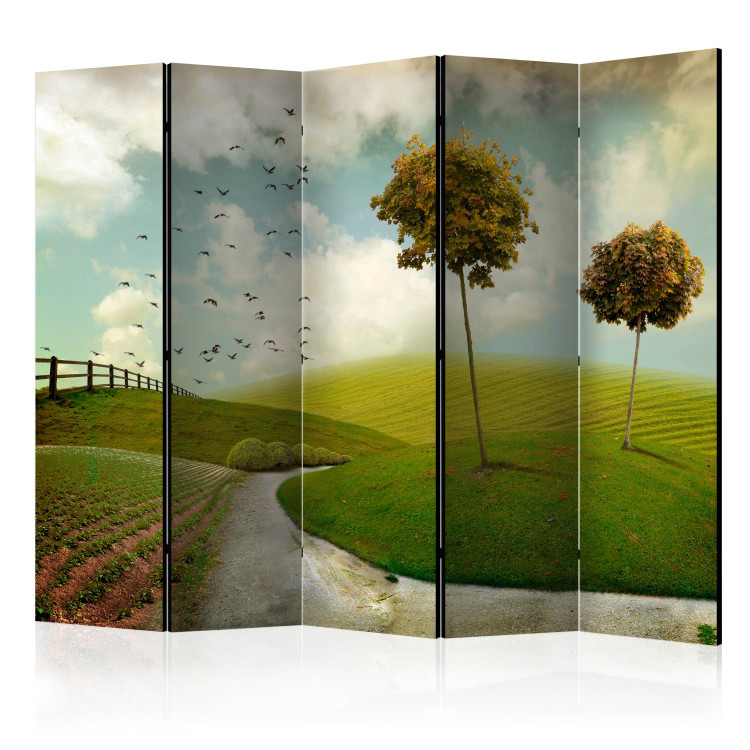 Folding Screen Autumn - Landscape II - landscape of meadows and fields with trees against the sky 133986