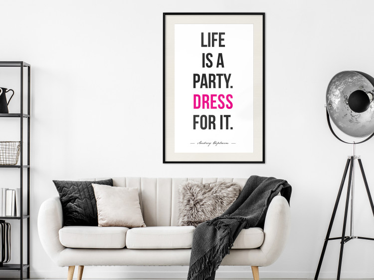 Wall Poster Life Is a Party - black and pink English quotes on a white background 134186 additionalImage 25