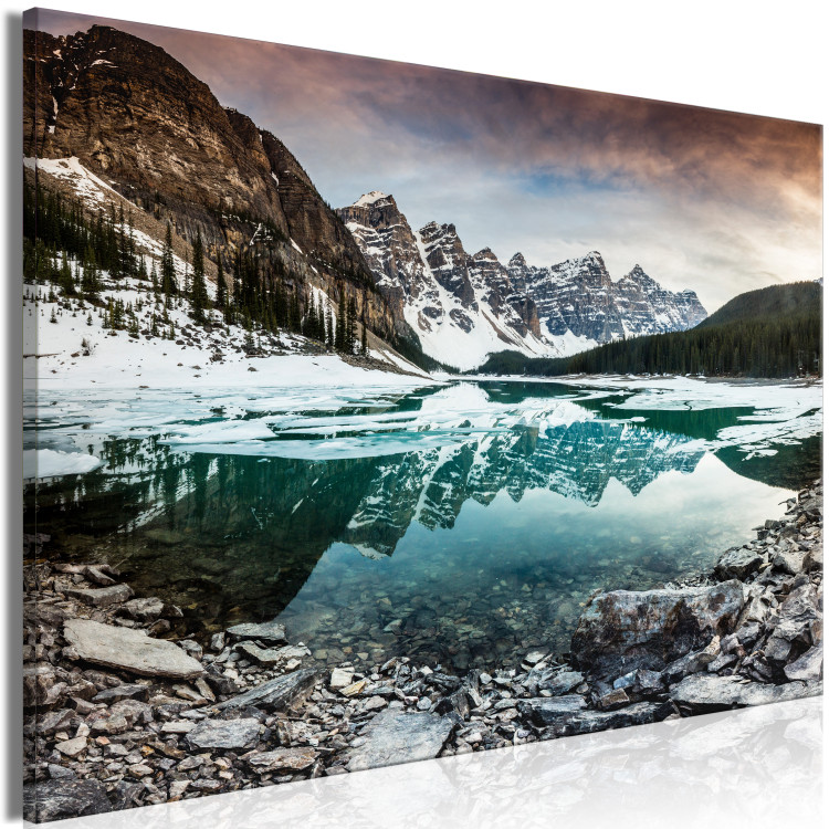 Canvas Print Winter Landscape (1-piece) - snowy mountains and lake amidst rocks 144586 additionalImage 2